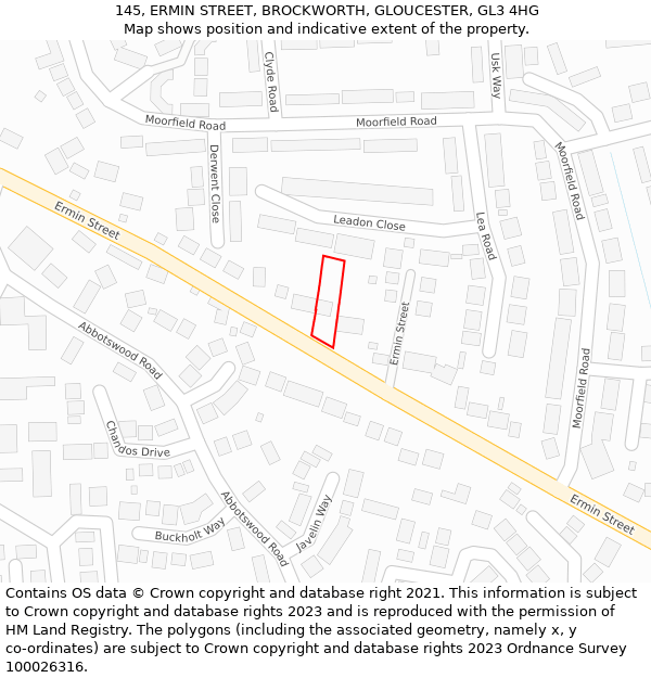 145, ERMIN STREET, BROCKWORTH, GLOUCESTER, GL3 4HG: Location map and indicative extent of plot