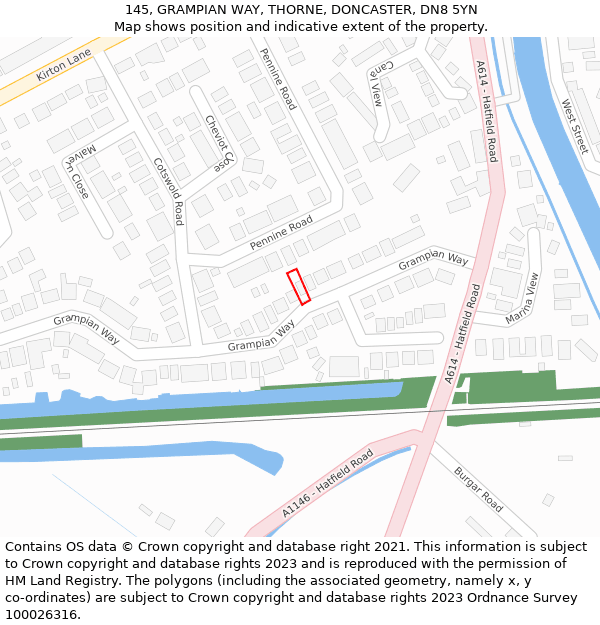 145, GRAMPIAN WAY, THORNE, DONCASTER, DN8 5YN: Location map and indicative extent of plot