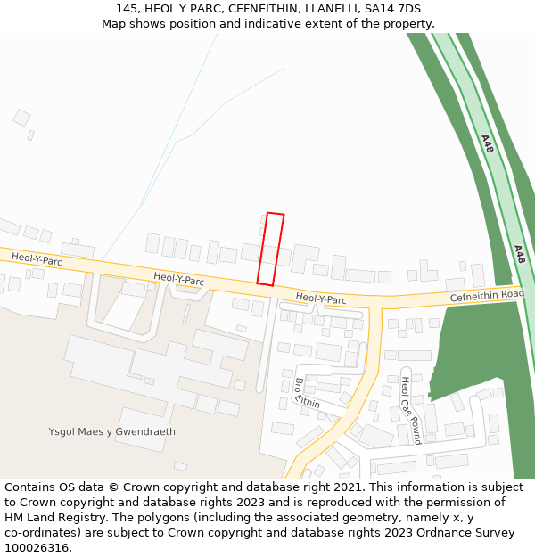 145, HEOL Y PARC, CEFNEITHIN, LLANELLI, SA14 7DS: Location map and indicative extent of plot