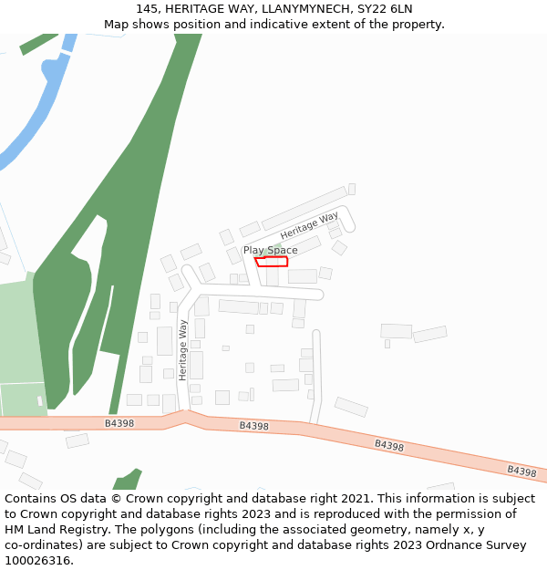 145, HERITAGE WAY, LLANYMYNECH, SY22 6LN: Location map and indicative extent of plot