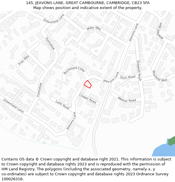 145, JEAVONS LANE, GREAT CAMBOURNE, CAMBRIDGE, CB23 5FA: Location map and indicative extent of plot