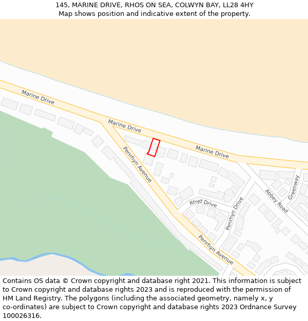 145, MARINE DRIVE, RHOS ON SEA, COLWYN BAY, LL28 4HY: Location map and indicative extent of plot