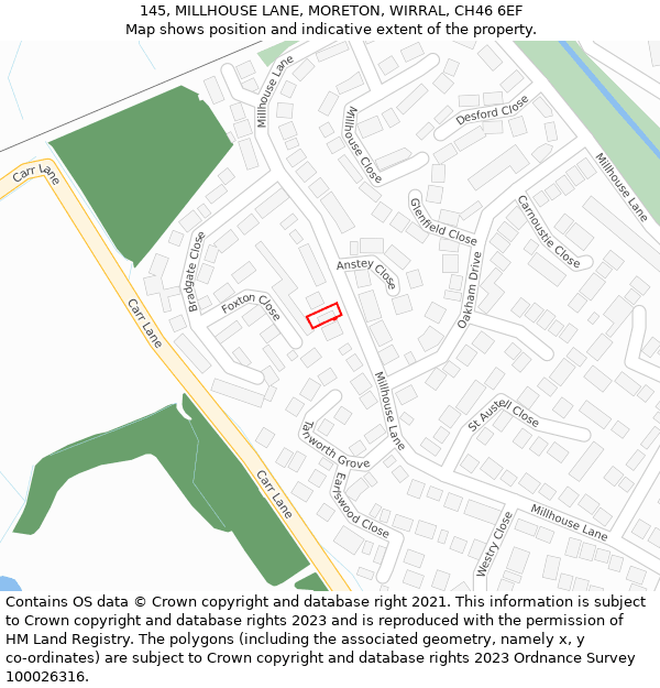 145, MILLHOUSE LANE, MORETON, WIRRAL, CH46 6EF: Location map and indicative extent of plot