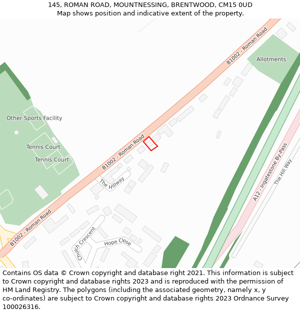 145, ROMAN ROAD, MOUNTNESSING, BRENTWOOD, CM15 0UD: Location map and indicative extent of plot