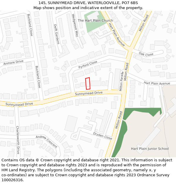 145, SUNNYMEAD DRIVE, WATERLOOVILLE, PO7 6BS: Location map and indicative extent of plot