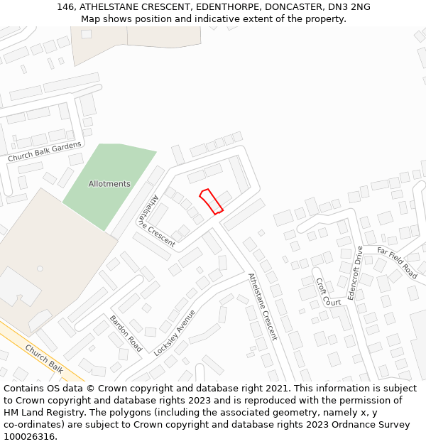 146, ATHELSTANE CRESCENT, EDENTHORPE, DONCASTER, DN3 2NG: Location map and indicative extent of plot