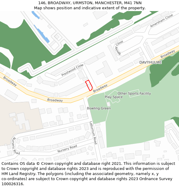 146, BROADWAY, URMSTON, MANCHESTER, M41 7NN: Location map and indicative extent of plot