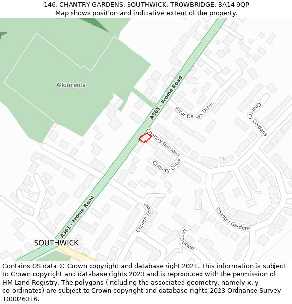 146, CHANTRY GARDENS, SOUTHWICK, TROWBRIDGE, BA14 9QP: Location map and indicative extent of plot