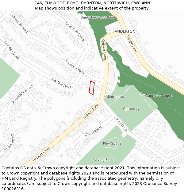 146, ELMWOOD ROAD, BARNTON, NORTHWICH, CW8 4NN: Location map and indicative extent of plot
