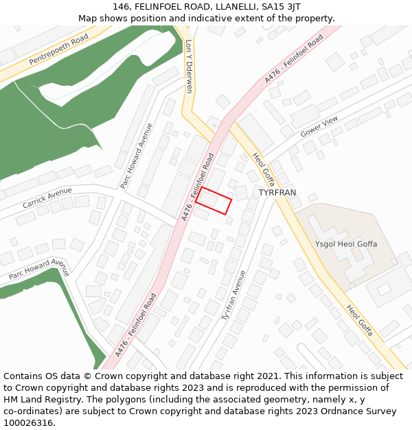 146, FELINFOEL ROAD, LLANELLI, SA15 3JT: Location map and indicative extent of plot