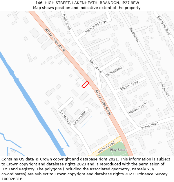 146, HIGH STREET, LAKENHEATH, BRANDON, IP27 9EW: Location map and indicative extent of plot