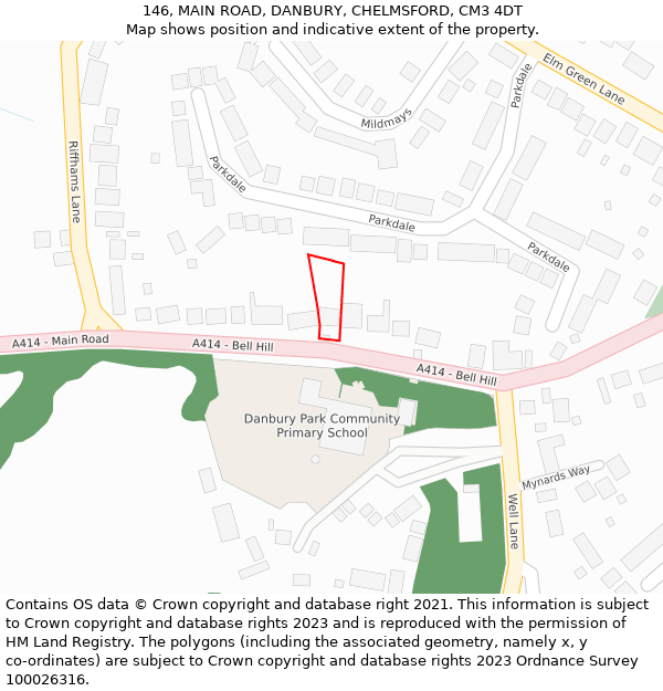 146, MAIN ROAD, DANBURY, CHELMSFORD, CM3 4DT: Location map and indicative extent of plot