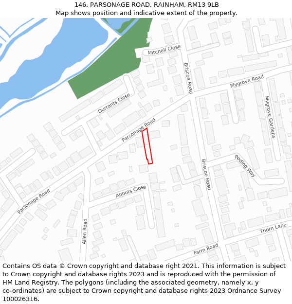 146, PARSONAGE ROAD, RAINHAM, RM13 9LB: Location map and indicative extent of plot