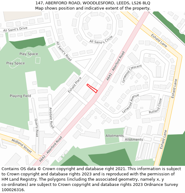 147, ABERFORD ROAD, WOODLESFORD, LEEDS, LS26 8LQ: Location map and indicative extent of plot