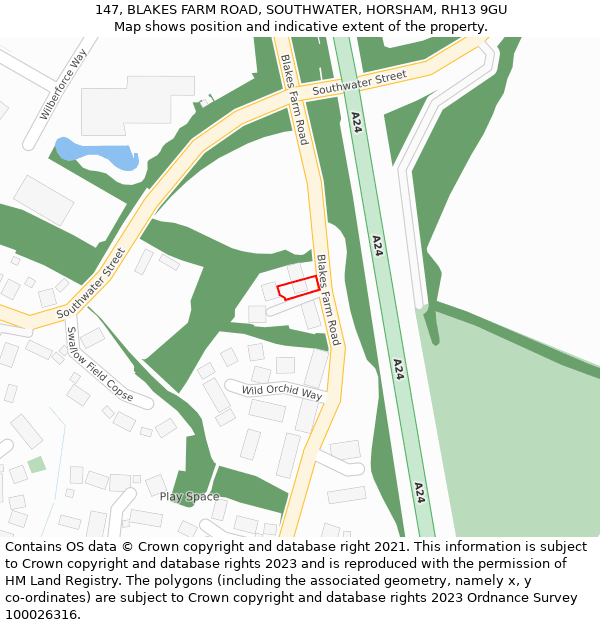 147, BLAKES FARM ROAD, SOUTHWATER, HORSHAM, RH13 9GU: Location map and indicative extent of plot