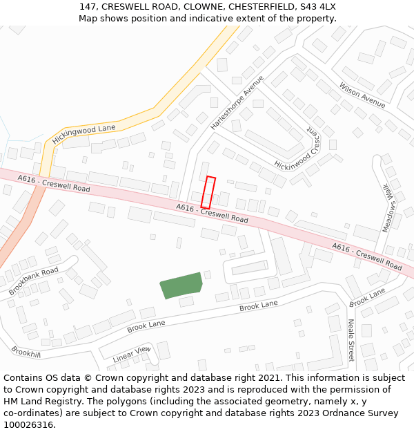 147, CRESWELL ROAD, CLOWNE, CHESTERFIELD, S43 4LX: Location map and indicative extent of plot