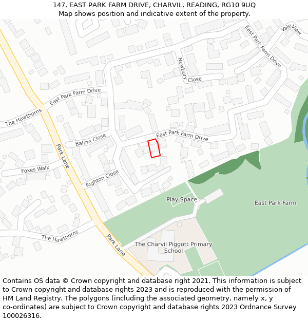 147, EAST PARK FARM DRIVE, CHARVIL, READING, RG10 9UQ: Location map and indicative extent of plot