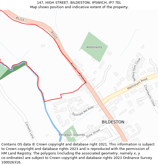 147, HIGH STREET, BILDESTON, IPSWICH, IP7 7EL: Location map and indicative extent of plot