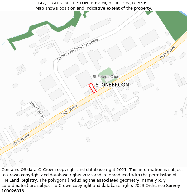 147, HIGH STREET, STONEBROOM, ALFRETON, DE55 6JT: Location map and indicative extent of plot