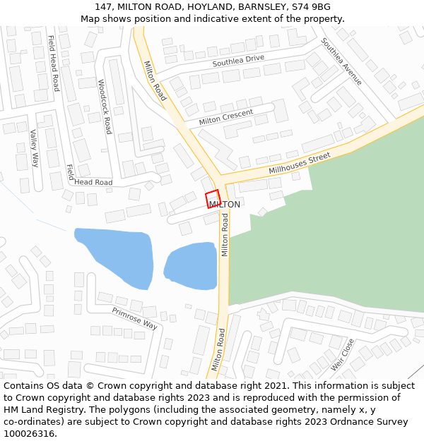 147, MILTON ROAD, HOYLAND, BARNSLEY, S74 9BG: Location map and indicative extent of plot