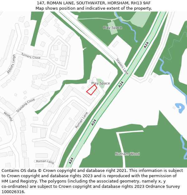 147, ROMAN LANE, SOUTHWATER, HORSHAM, RH13 9AF: Location map and indicative extent of plot