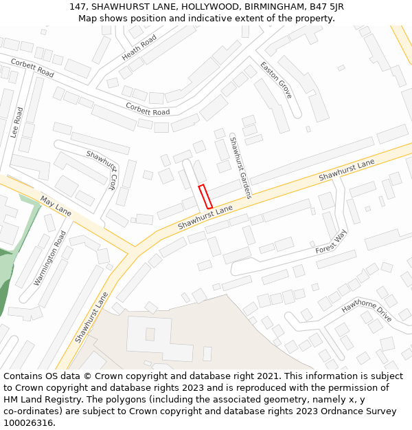 147, SHAWHURST LANE, HOLLYWOOD, BIRMINGHAM, B47 5JR: Location map and indicative extent of plot