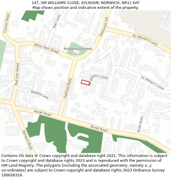 147, SIR WILLIAMS CLOSE, AYLSHAM, NORWICH, NR11 6AY: Location map and indicative extent of plot