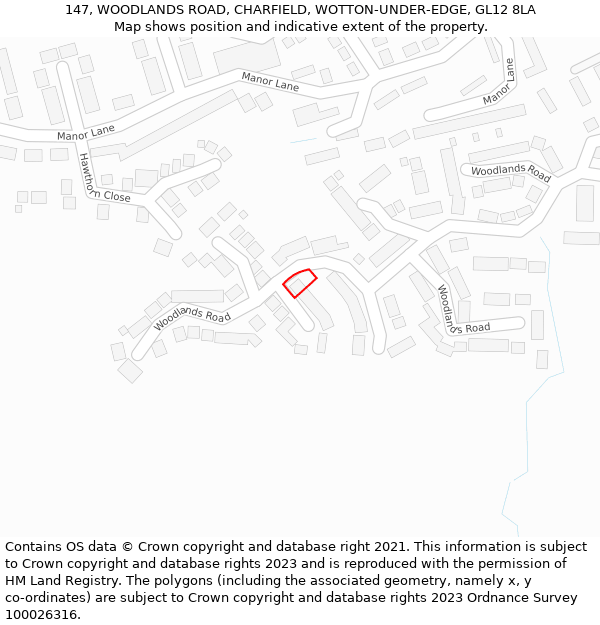 147, WOODLANDS ROAD, CHARFIELD, WOTTON-UNDER-EDGE, GL12 8LA: Location map and indicative extent of plot