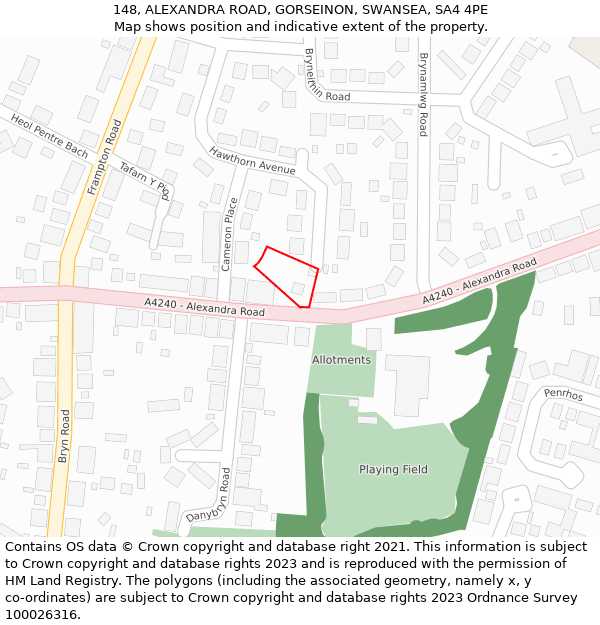 148, ALEXANDRA ROAD, GORSEINON, SWANSEA, SA4 4PE: Location map and indicative extent of plot