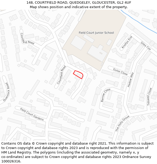 148, COURTFIELD ROAD, QUEDGELEY, GLOUCESTER, GL2 4UF: Location map and indicative extent of plot