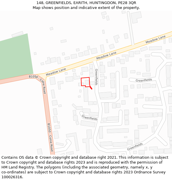 148, GREENFIELDS, EARITH, HUNTINGDON, PE28 3QR: Location map and indicative extent of plot