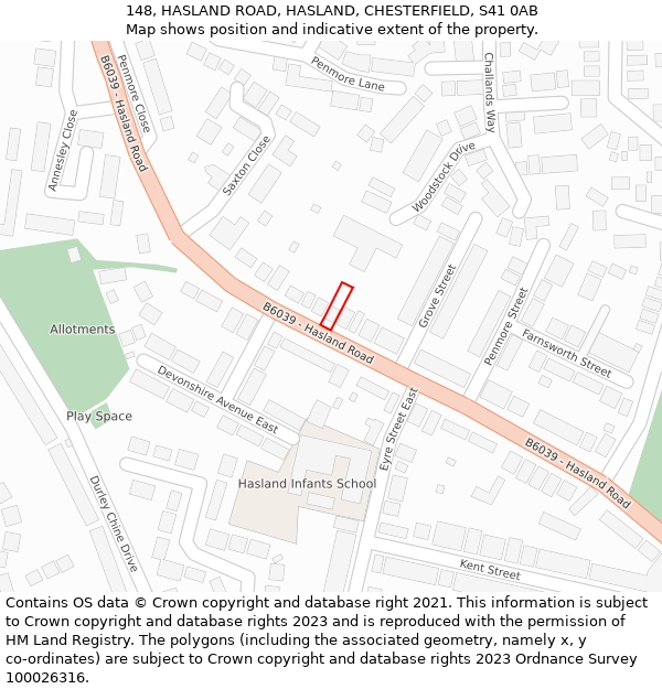 148, HASLAND ROAD, HASLAND, CHESTERFIELD, S41 0AB: Location map and indicative extent of plot