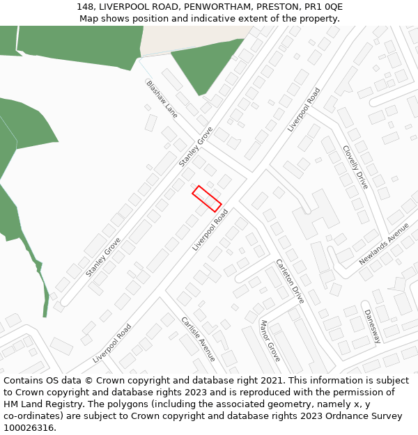 148, LIVERPOOL ROAD, PENWORTHAM, PRESTON, PR1 0QE: Location map and indicative extent of plot
