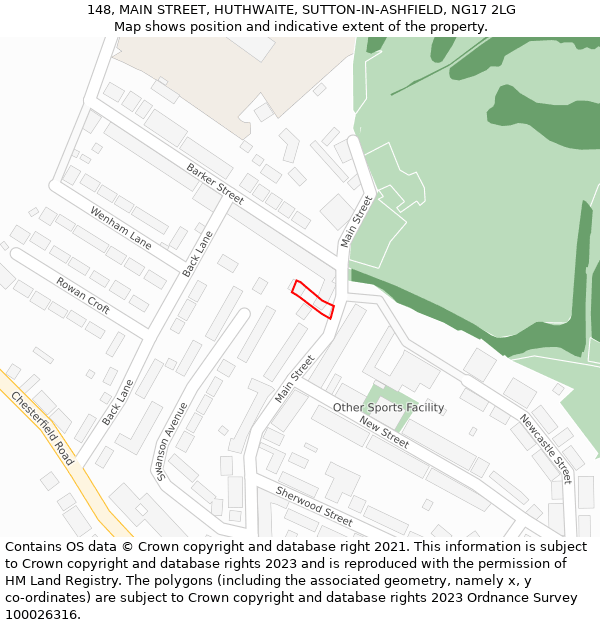 148, MAIN STREET, HUTHWAITE, SUTTON-IN-ASHFIELD, NG17 2LG: Location map and indicative extent of plot