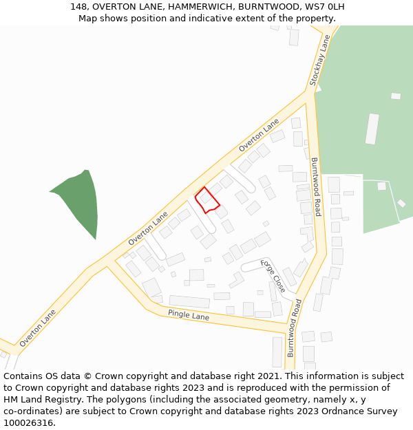 148, OVERTON LANE, HAMMERWICH, BURNTWOOD, WS7 0LH: Location map and indicative extent of plot