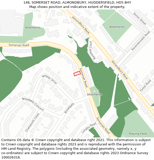 148, SOMERSET ROAD, ALMONDBURY, HUDDERSFIELD, HD5 8HY: Location map and indicative extent of plot