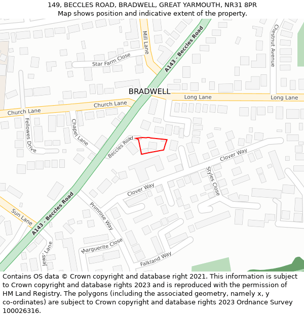 149, BECCLES ROAD, BRADWELL, GREAT YARMOUTH, NR31 8PR: Location map and indicative extent of plot