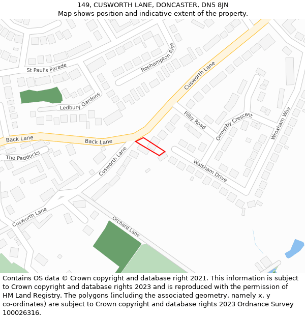 149, CUSWORTH LANE, DONCASTER, DN5 8JN: Location map and indicative extent of plot