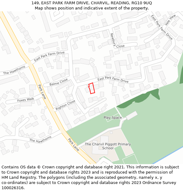 149, EAST PARK FARM DRIVE, CHARVIL, READING, RG10 9UQ: Location map and indicative extent of plot