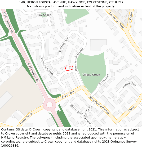 149, HERON FORSTAL AVENUE, HAWKINGE, FOLKESTONE, CT18 7FP: Location map and indicative extent of plot