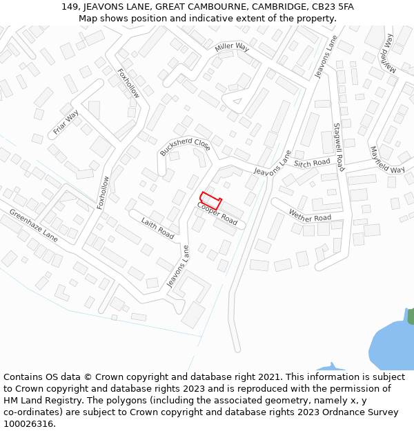 149, JEAVONS LANE, GREAT CAMBOURNE, CAMBRIDGE, CB23 5FA: Location map and indicative extent of plot