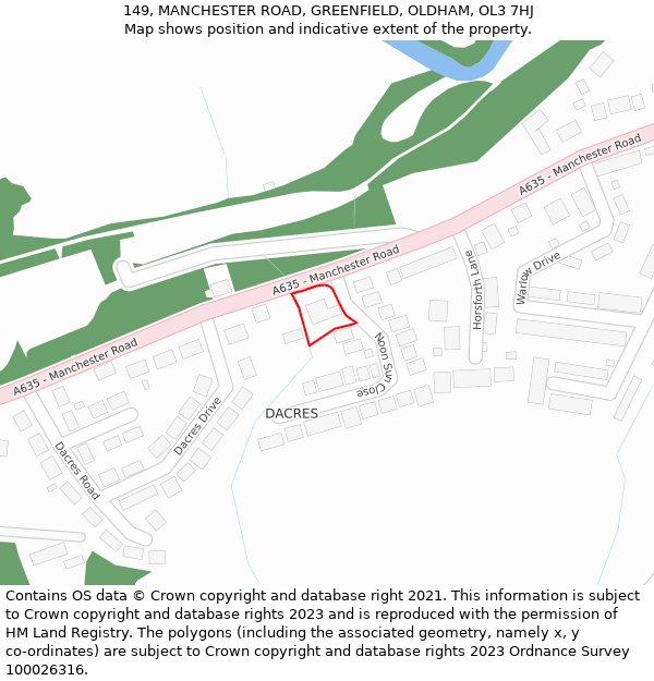 149, MANCHESTER ROAD, GREENFIELD, OLDHAM, OL3 7HJ: Location map and indicative extent of plot