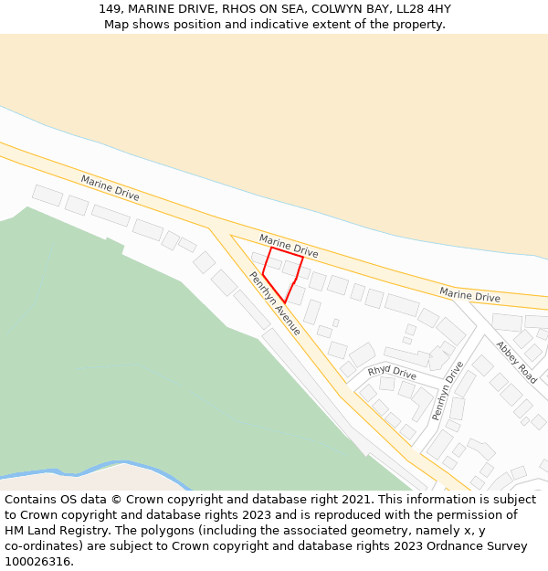 149, MARINE DRIVE, RHOS ON SEA, COLWYN BAY, LL28 4HY: Location map and indicative extent of plot