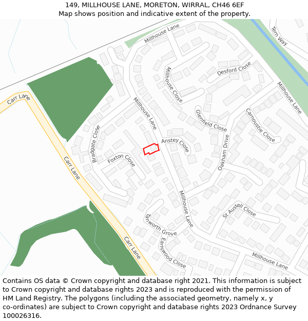 149, MILLHOUSE LANE, MORETON, WIRRAL, CH46 6EF: Location map and indicative extent of plot