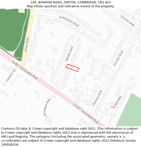 14A, BANDON ROAD, GIRTON, CAMBRIDGE, CB3 0LU: Location map and indicative extent of plot