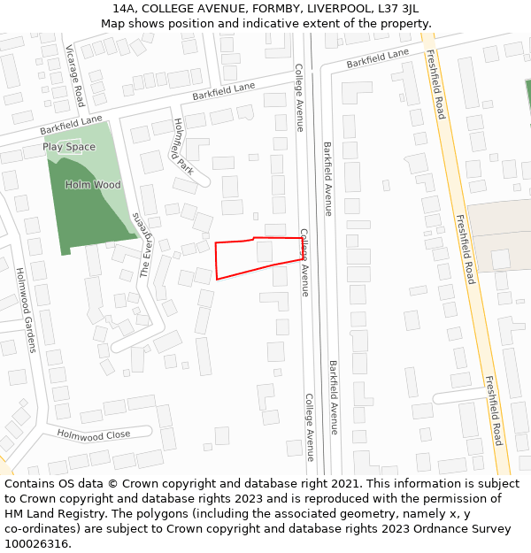 14A, COLLEGE AVENUE, FORMBY, LIVERPOOL, L37 3JL: Location map and indicative extent of plot