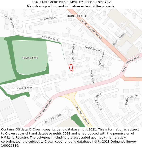 14A, EARLSMERE DRIVE, MORLEY, LEEDS, LS27 9RY: Location map and indicative extent of plot