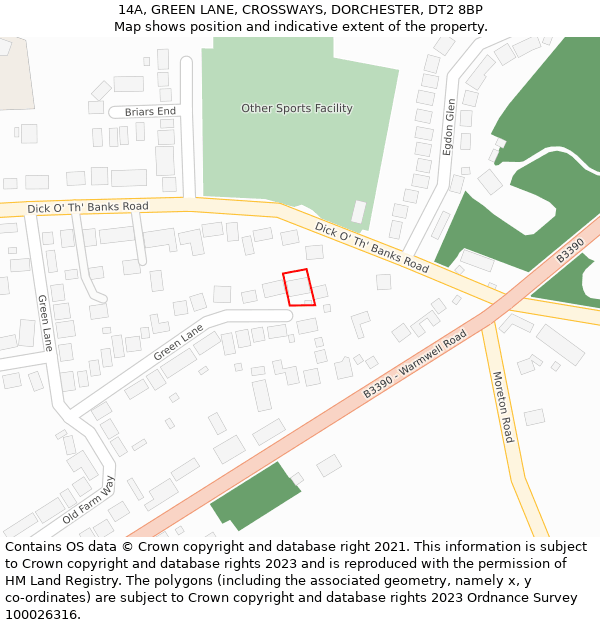 14A, GREEN LANE, CROSSWAYS, DORCHESTER, DT2 8BP: Location map and indicative extent of plot
