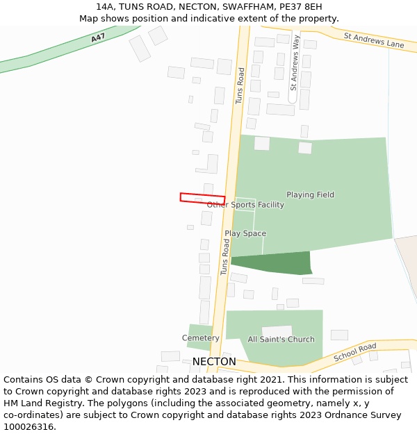 14A, TUNS ROAD, NECTON, SWAFFHAM, PE37 8EH: Location map and indicative extent of plot