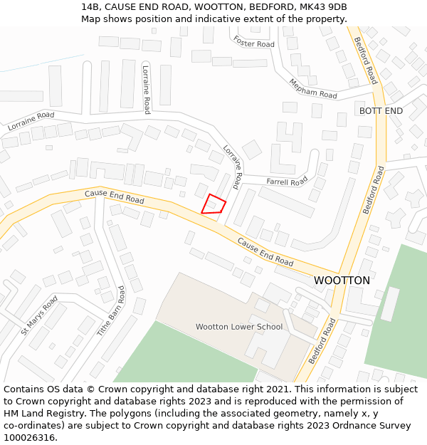 14B, CAUSE END ROAD, WOOTTON, BEDFORD, MK43 9DB: Location map and indicative extent of plot